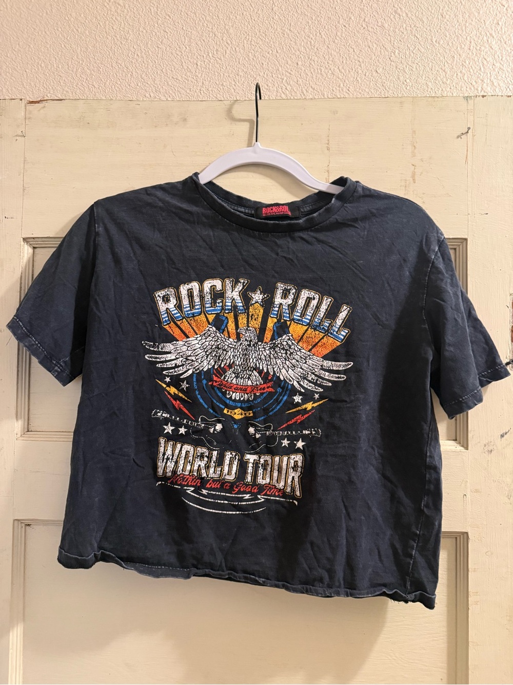 Rock & Roll Denim World Tour Eagle Graphic Cropped T-Shirt Small